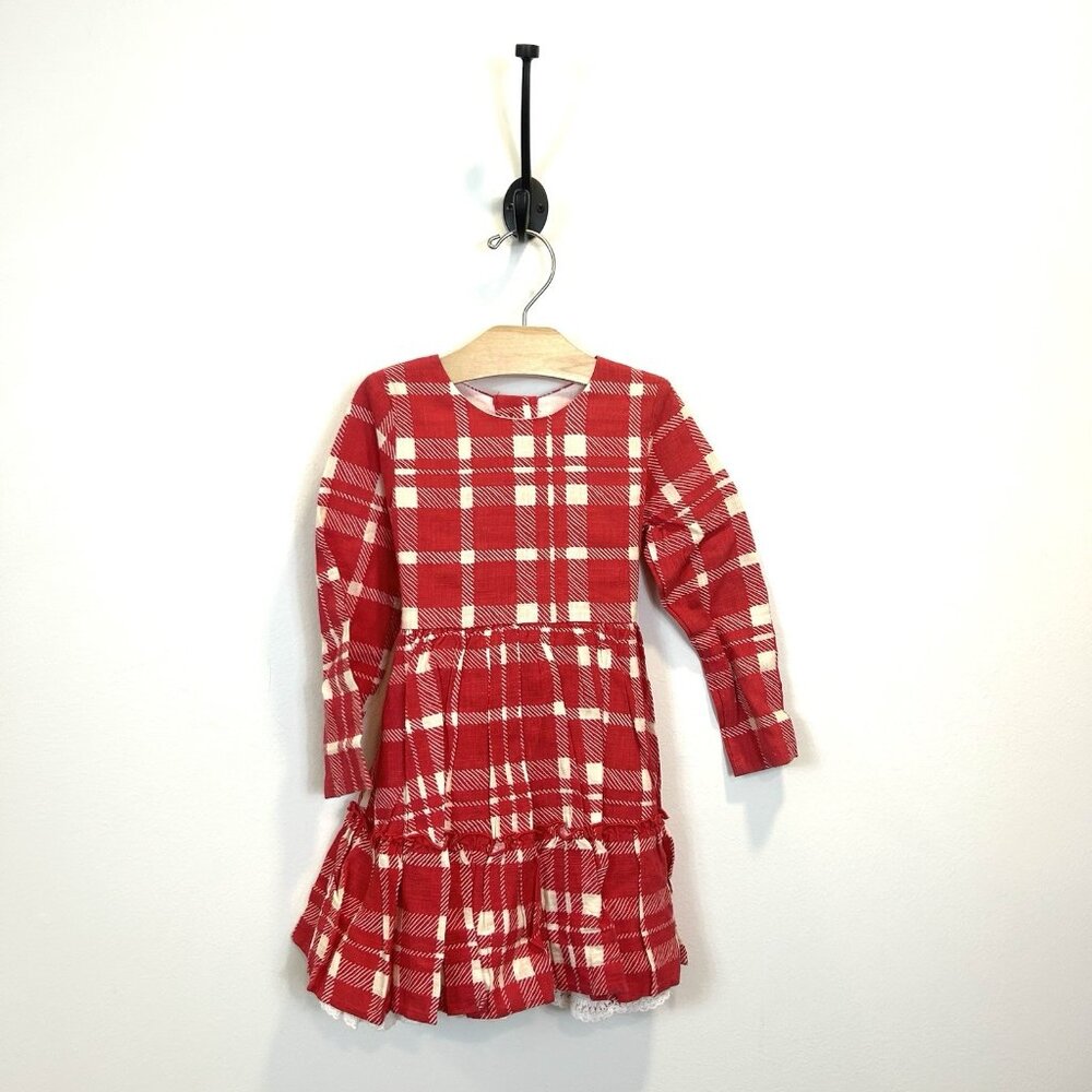 LITTLE MAGNOLIA Red & White Plaid Dress Girls Size 3T Lined Tie & Button Back